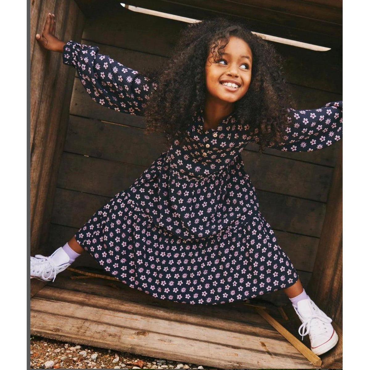 Long-Sleeved Printed Midi Dress - Night Patchwork Flower