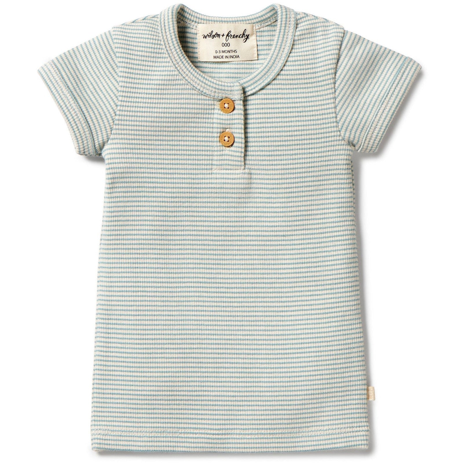 Organic Stripe Rib Henley Tee- Mineral Blue