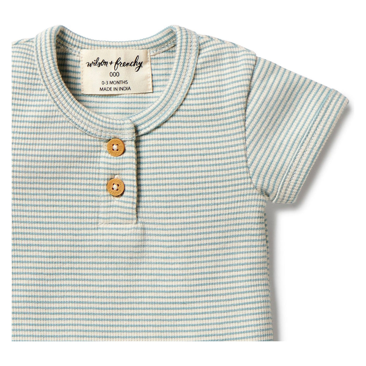 Organic Stripe Rib Henley Tee- Mineral Blue